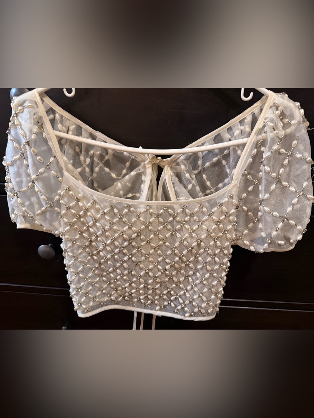 Anthropologie Ivory Beaded Mesh Crop Top